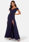 Goddiva Bardot Pleat Maxi Split Dress Navy M (UK12)