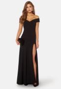 Goddiva Bardot Pleat Maxi Split Dress Black S L (UK14)