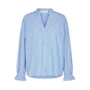 Stripete Bomullsskjorte med V-Hals - Blå/Hvit