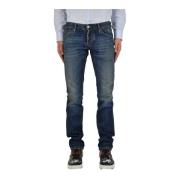 Slim-fit Blå Bomull Jeans med Vintage Rifter