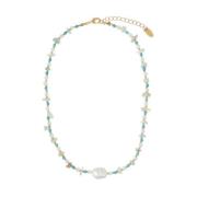Turquoise Chip & Stationed Pearl Necklace - Turquoise