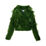 Kort grønn jakke med kunstig pels og trykknapper