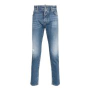 Blå Denim Jeans med Kontrastsømmer og Slitte Detaljer