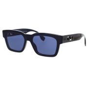 Glamorøse firkantede solbriller med mørkeblå linser og gulllogo