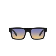 Tidløse firkantede solbriller med blå/gul degrade linser