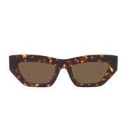 Solbriller med uregelmessig form, mørkebrun linse og Havana-ramme