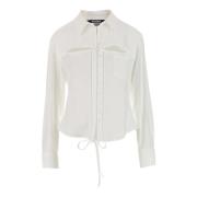 Hvit Viskose Skjorte med Utskårne Detaljer og Oversized Passform