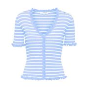 Blå/Hvit Stripet Ribbestrikket T-skjorte med Volanger