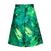 Grønn Bladtrykk Wide Leg Shorts