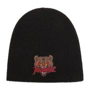 Svart Ull Ribbestrikket Beanie Lue