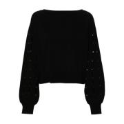 Svart Rhinestone Genser Med Cut-Out Crew Neck