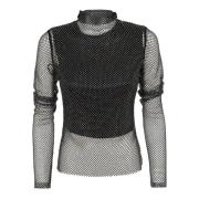 Svart Mesh Rhinestone Genser Aw24