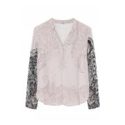 Beigeprint Bluse med Smock Mansjetter