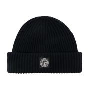 Blå Ribbestrikket Beanie med Logopatch