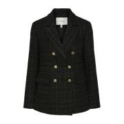 Sort Tweed Blazer med Dekorative Knapper