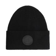 Svart Ribbet Patch Beanie Lue