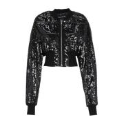 Black Sequin Crop Bomberjakke