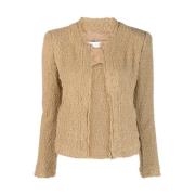 Beige Tweed Cropped Jakke med Frynsete Kant