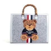 Stor Grå Tote Bag med Teddy og Skulderreim