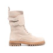 Beige Semsket Skinn Mid-Calf Snørestøvler