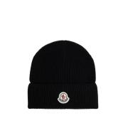 Svart Bomull Beanie med Logo Patch