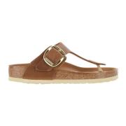 Lær Flip-Flop Sandaler med Gullspenne