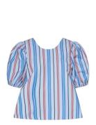 Stripe Cotton Open Back Top Blue Ganni