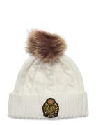 Crest-Patch Pom-Pom Cable-Knit Beanie White Lauren Ralph Lauren