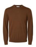 Slhtray Ls Knit Merino Crew Neck Noos Brown Selected
