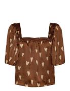 Heart Printed Silk Top Brown Stella Nova