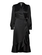 Objsateen Wrap Dress A Fair Knelang Kjole Black Object
