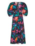 Floral Print Volume Sleeve Dress Knelang Kjole Black GANT