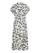 Leaf-Print Belted Crepe Dress Knelang Kjole Cream Lauren Ralph Lauren