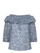 Floral Voile Off-The-Shoulder Blouse Tops Blouses Short-sleeved Navy L...