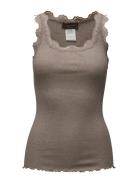 Silk Top Regular W/Vintage Lace Tops T-shirts & Tops Sleeveless Brown ...