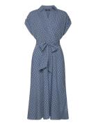Polka-Dot Belted Crepe Dress Knelang Kjole Blue Lauren Ralph Lauren