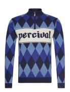 Harlequinn Zip Pullover Tops Knitwear Half Zip Jumpers Blue Percival