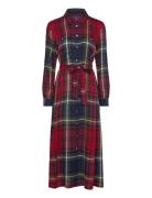 Belted Plaid Cotton-Blend Dress Maxikjole Festkjole Red Polo Ralph Lau...