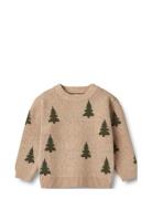 Jacquard Pullover Tree Tops Knitwear Pullovers Beige Wheat