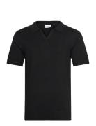 Ecovero S/S V-Neck Polo Tops Knitwear Short Sleeve Knitted Polos Black...